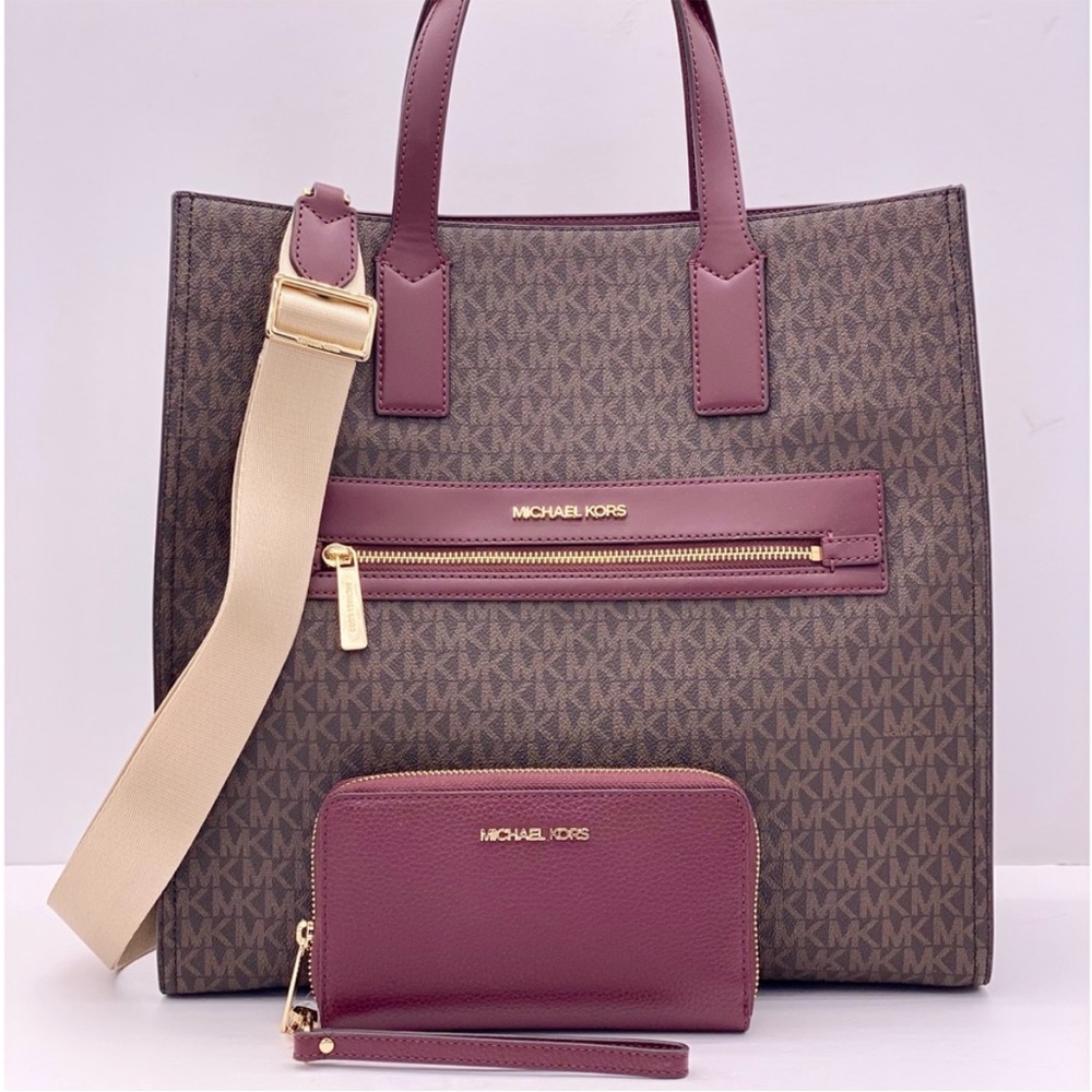 Michael Kors Kenly Large Logo Tote Shoulder Bag and Wallet Set Merlot